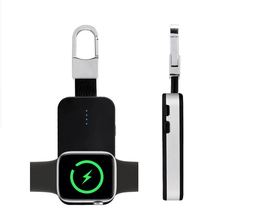 Black Apple Watch keychain power bank showing compact size and keychain loop.