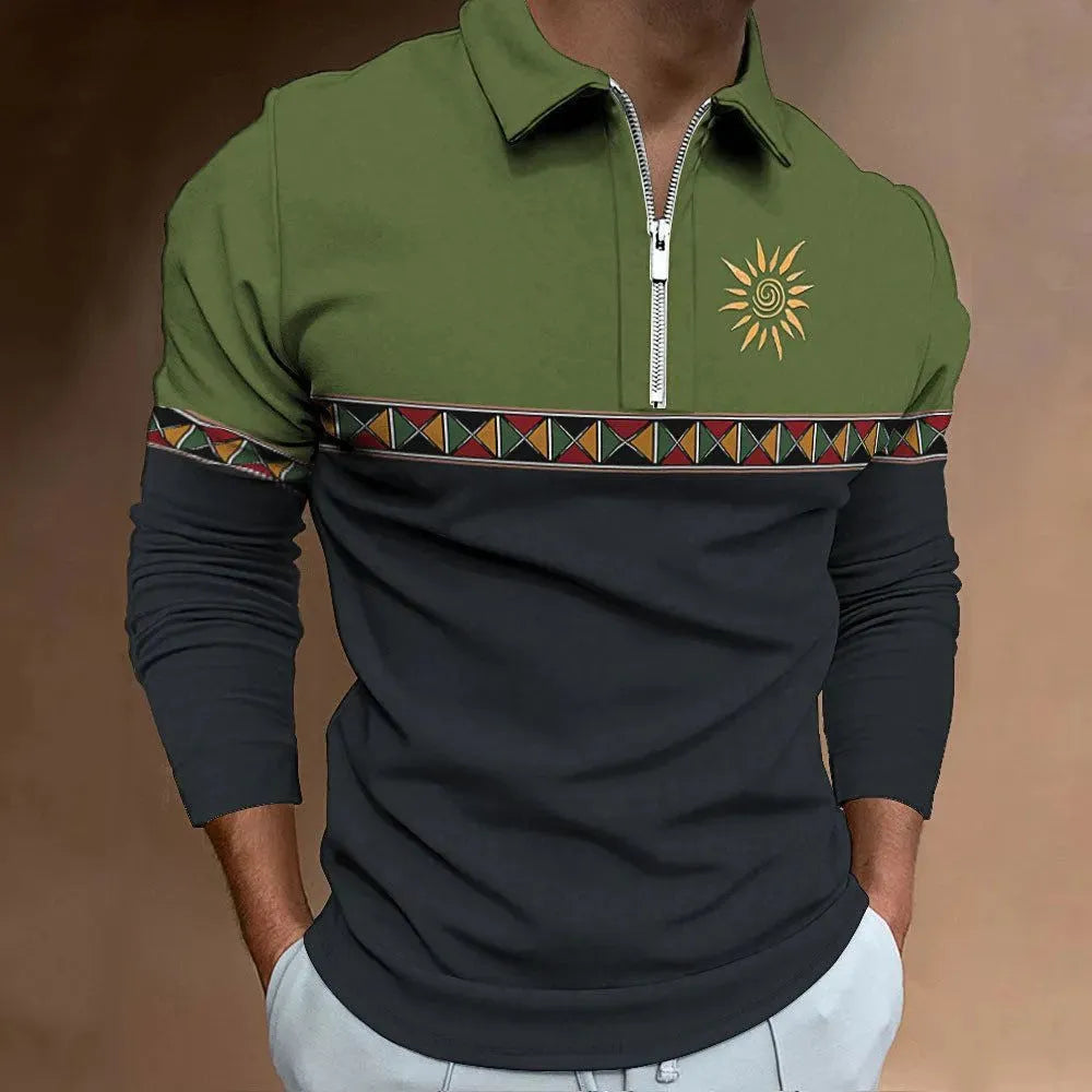 Men's retro printed striped golf t-shirt with long sleeves and loose fit in polyester fabric