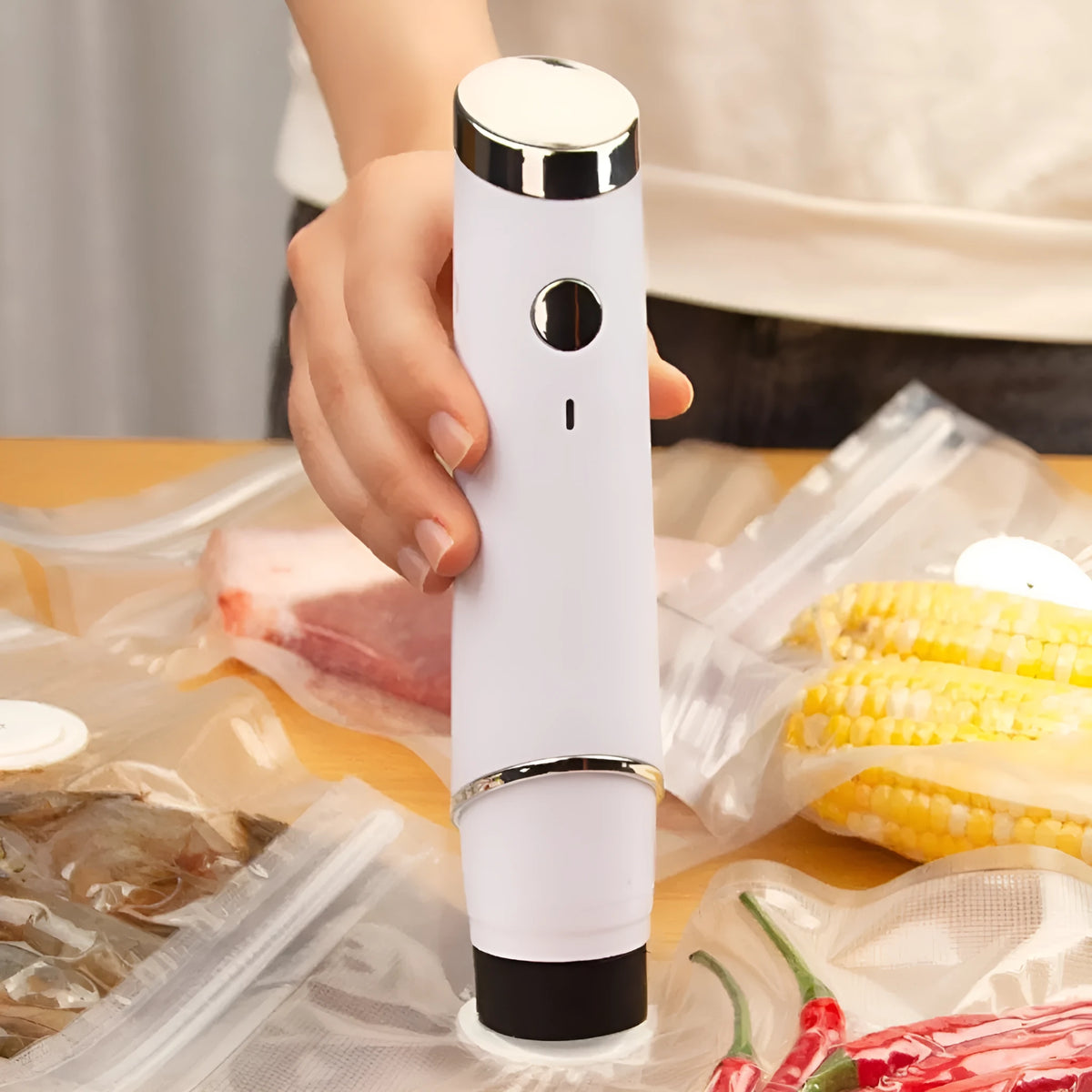 White USB electric vacuum sealer pump with five 26x28cm plastic food storage bags.