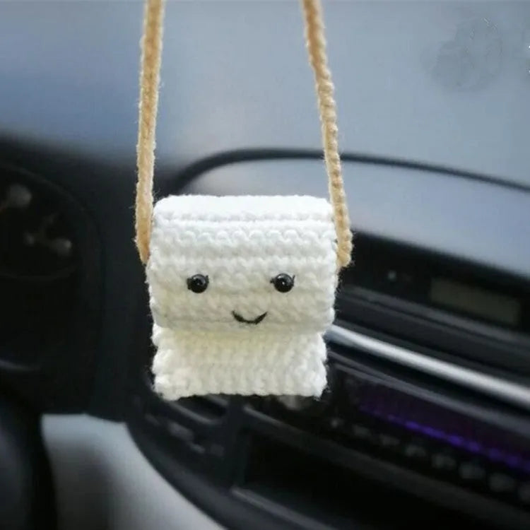 Plush hand-woven car hanging ornament in a cartoon design, made from soft polyester fabric.