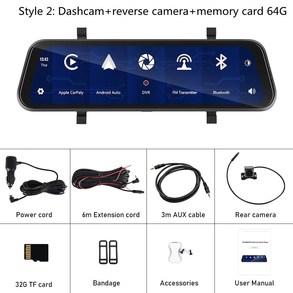 9.66-inch car dashboard camera and in-mirror video player system with wide-angle lens.