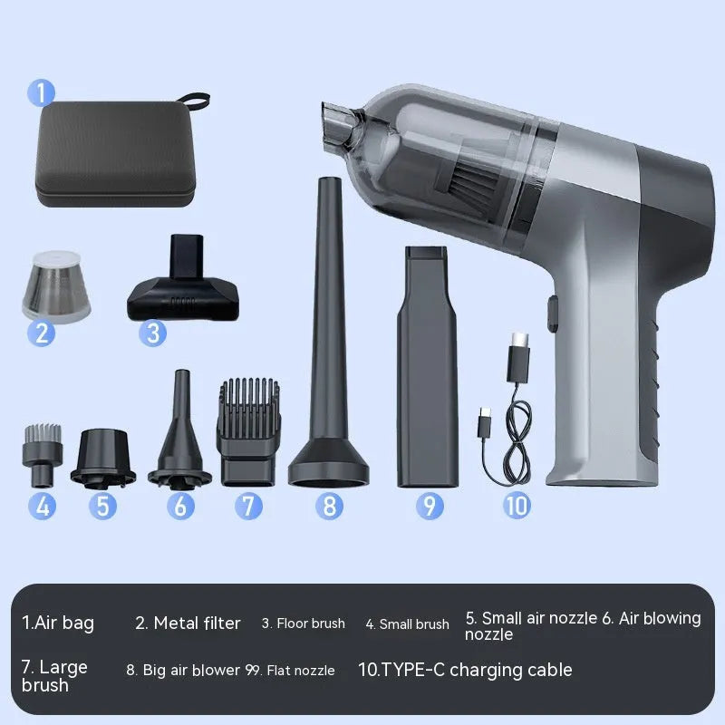 Wireless handheld car vacuum cleaner with multiple brush and nozzle attachments stored in aviation bag