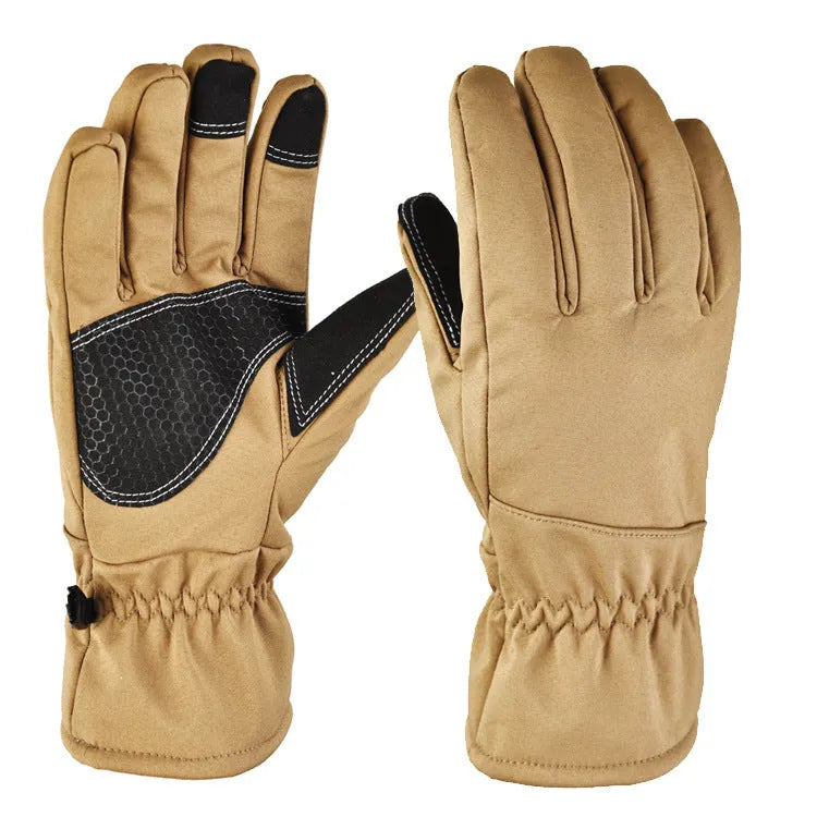 Pair of tactical camouflage ski gloves showing anti-slip palm grip and touchscreen fingertips.