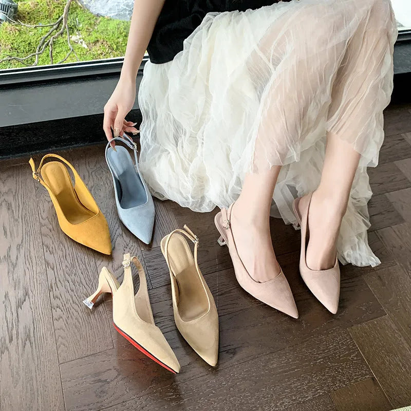 Women's suede pointed-toe stiletto high heels in apricot, pink, sky blue, and yellow colours on a rubber sole.