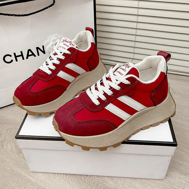 Women's platform casual sneakers, retro round toe, microfiber upper mesh lining, beige, black, red