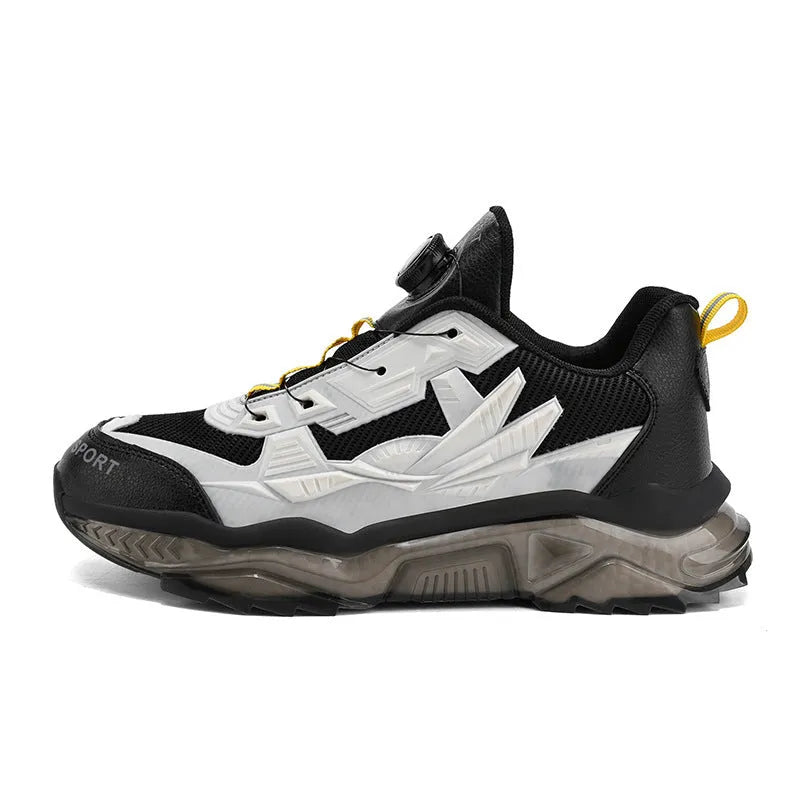 Men's black rotating button casual shoes with mesh upper and platform soles for height increase