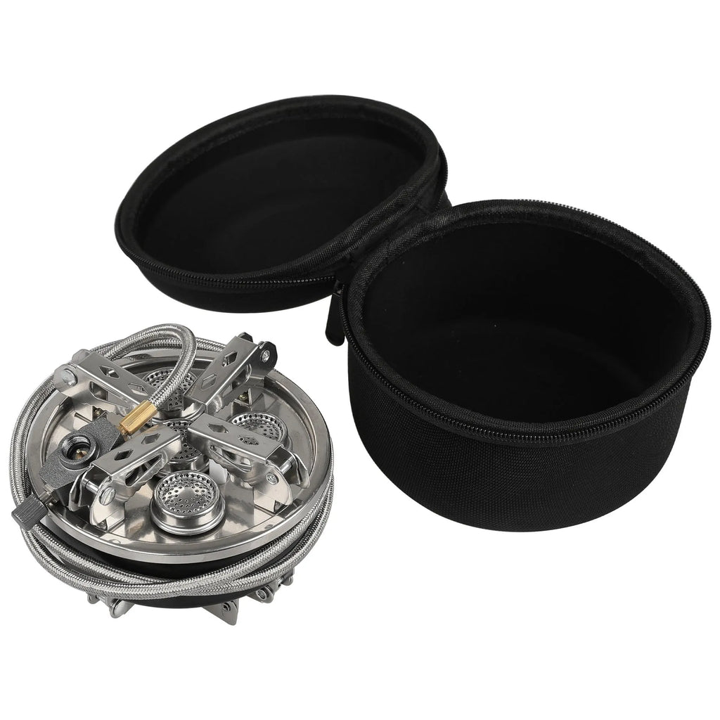 Silver portable split camping stove with folded legs and a 100cm gas hose on a wooden table.