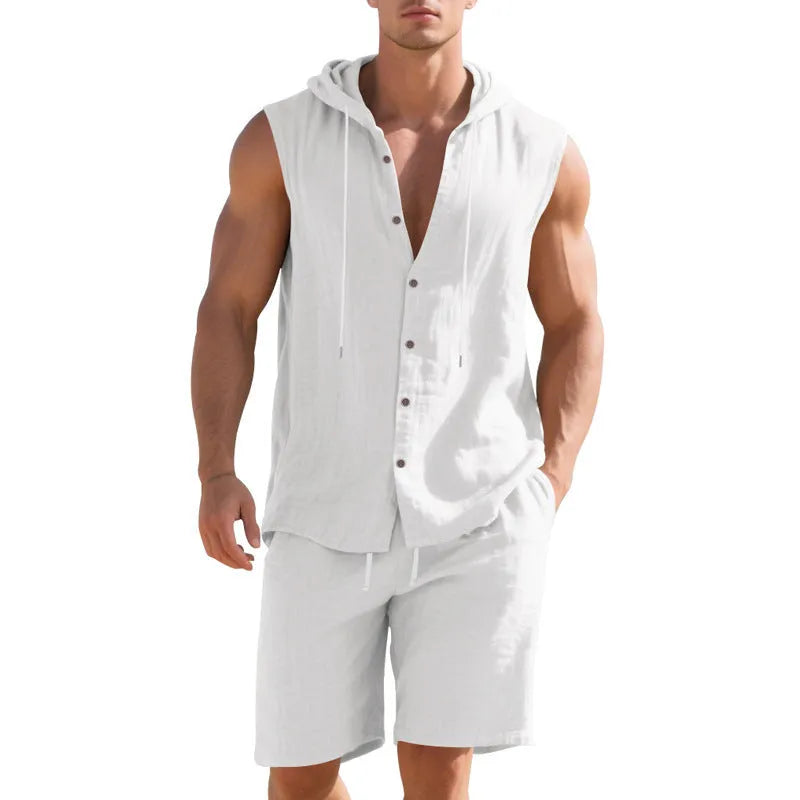 Men's linen sleeveless shirt and matching shorts suit set in light khaki colour.