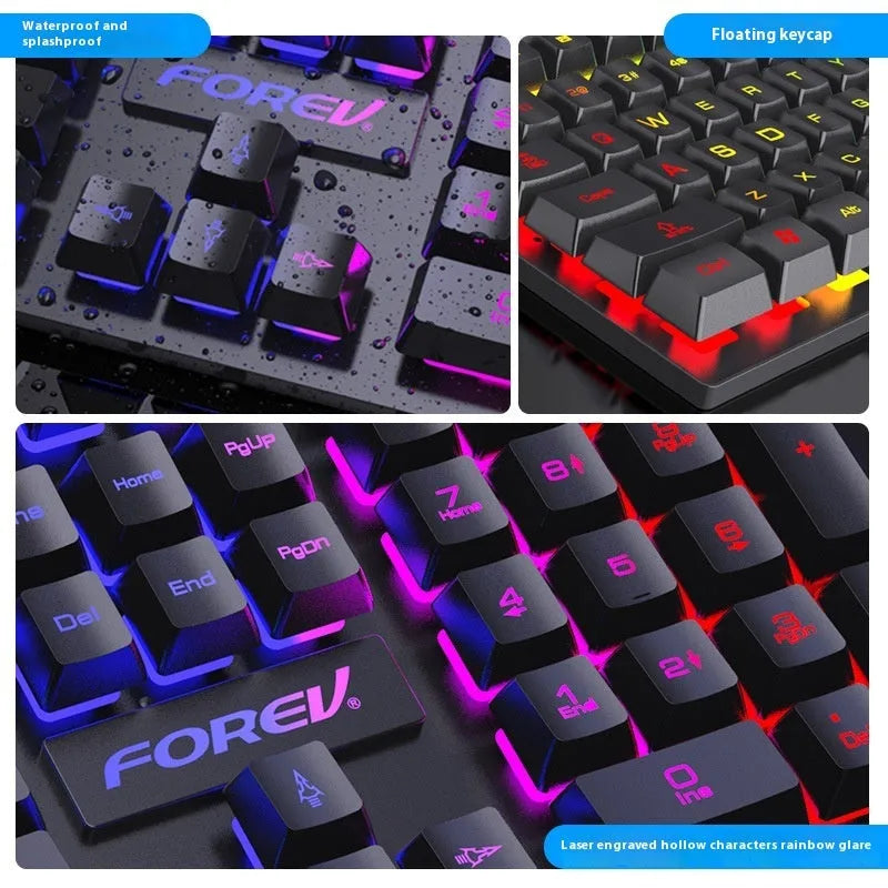 Black 104-key backlit gaming keyboard with mouse bundle on gaming desk