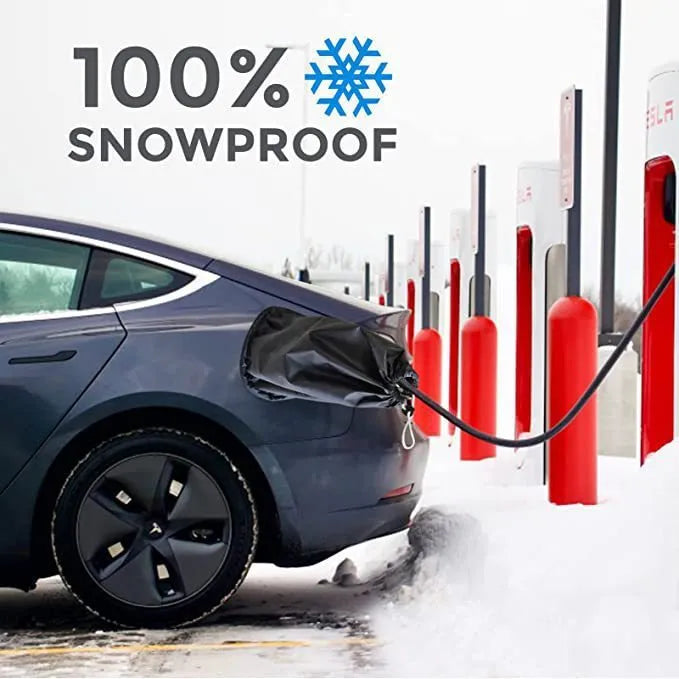 Grey waterproof drawstring cover for electric vehicle charging port measuring 28x45x16cm