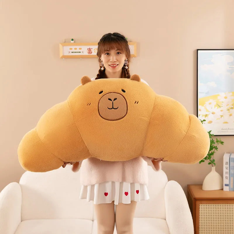 Capybara croissant French stick plush toy in mink velvet, available in sizes from 50cm to 100cm
