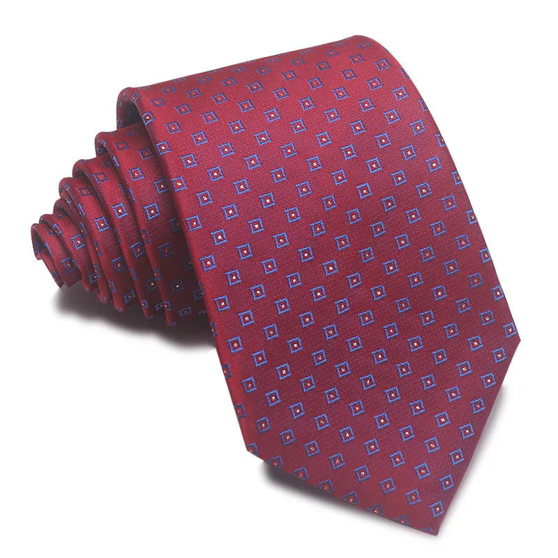 Men's striped jacquard business tie in red, showing arrow head shape and 8cm width.