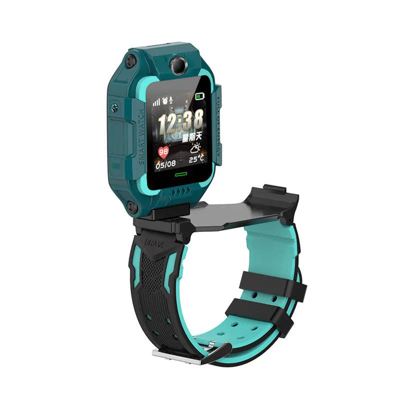 Children's smart watch with dual cameras, SOS button, and touch screen on a child's wrist