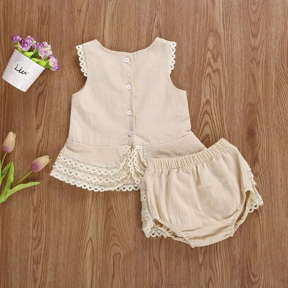 Girls beige cotton lace sleeveless shorts two-piece skirt suit for 70-110cm height