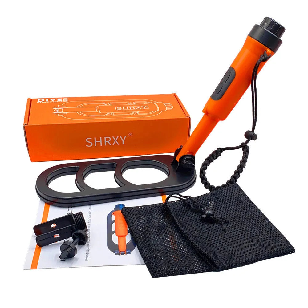 SHRXY Q20 folding metal detector in black and orange with retractable handle and 10x4 inch coil