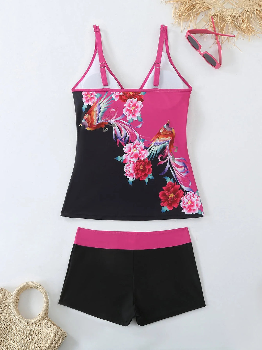 Plus size women's printed two-piece swimsuit in black or rose red with briefs style.