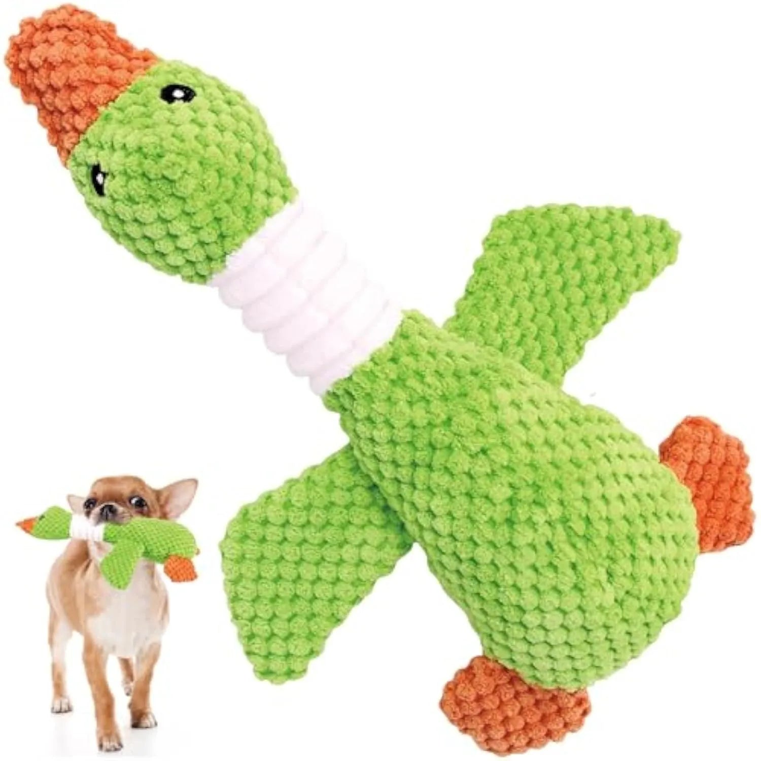 Blue durable duck plush dog toy with squeakers on a plain background