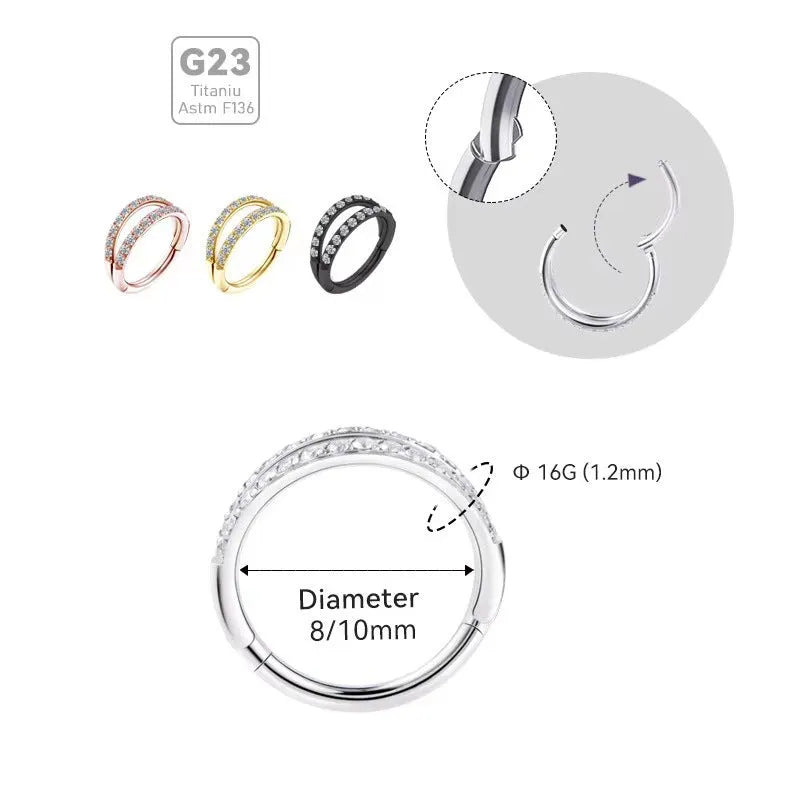 G23 titanium alloy lip ring and nose ring set with diamond treatment in gold or steel colour.