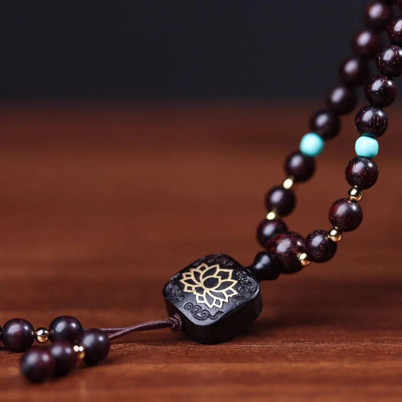 Zambia rosewood DIY bead bracelet kit with flat lotus pendant and 108 wooden beads.