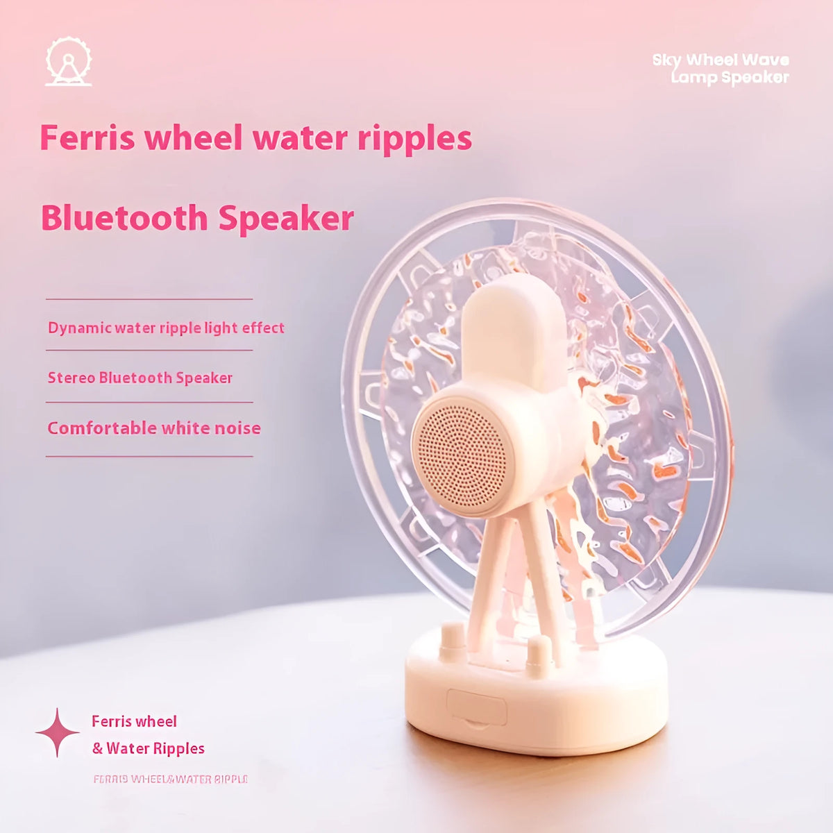 Pink and white Bluetooth speaker projecting colourful Ferris wheel and water ripple LED light patterns