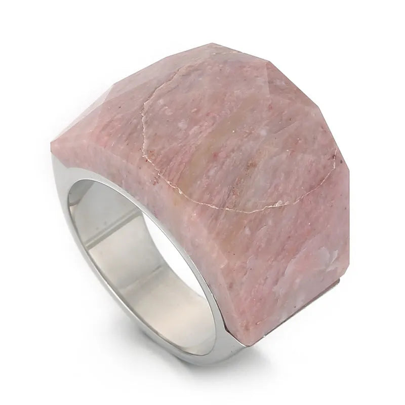 Women's geometric stainless steel natural stone ring with 17mm width in electroplated finish
