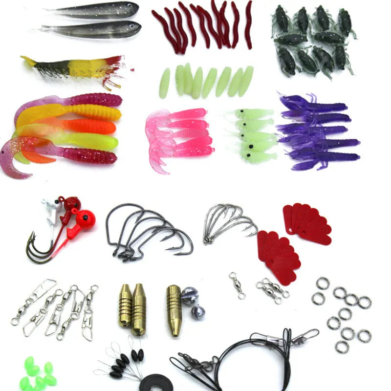 132-piece rose red treasure fishing lure suit set with soft baits and hooks on a blue background.