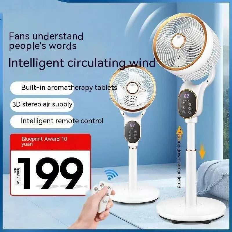 Air circulator fan with remote control, lifting head, and shaking function in household setting