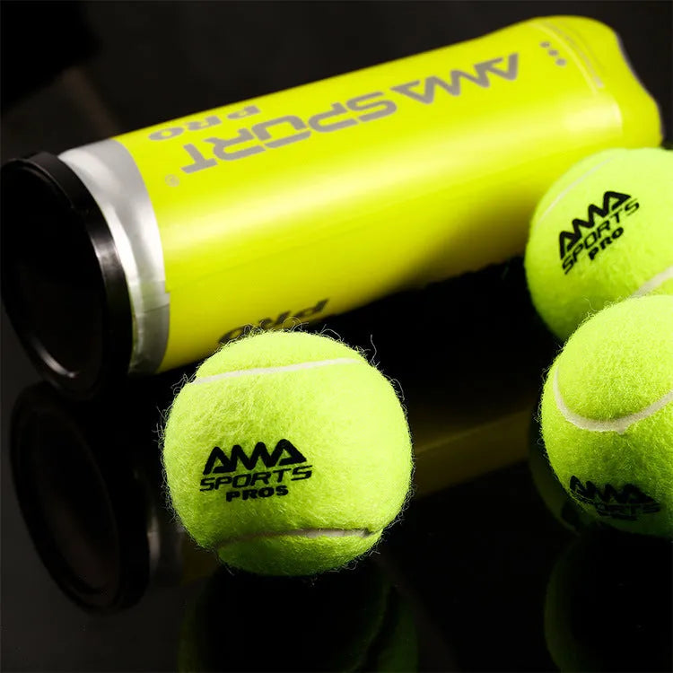 Three cage plate tennis training balls in black, green, and yellow colours