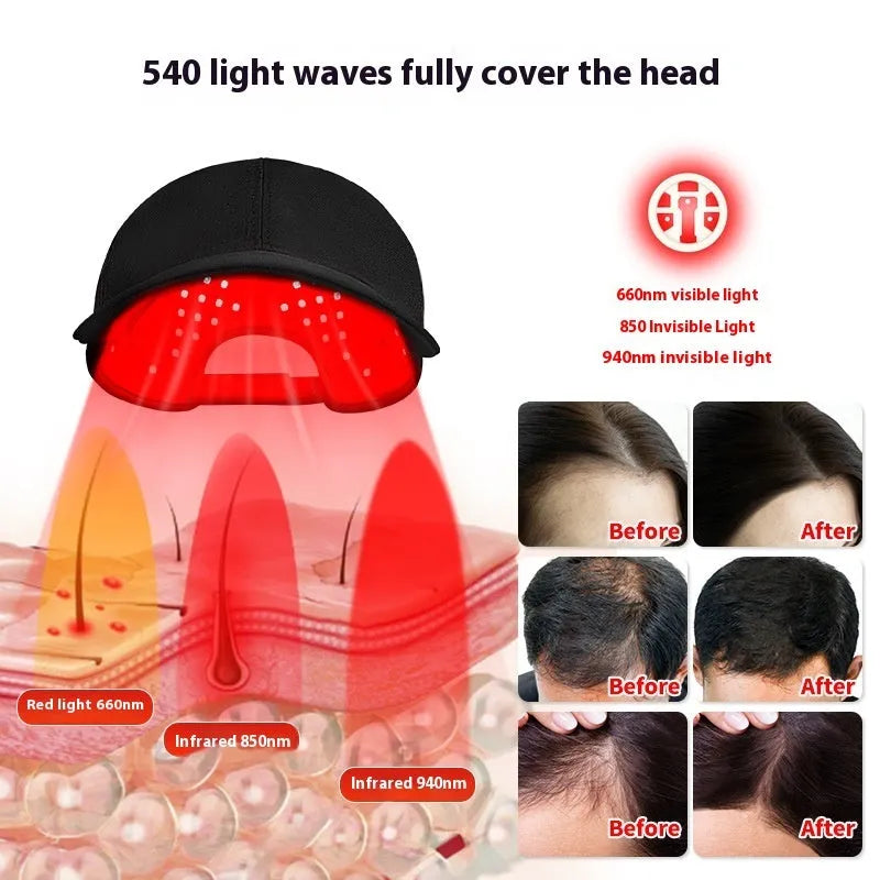 Black infrared hair growth peaked cap with 180 LED red light therapy for scalp treatment