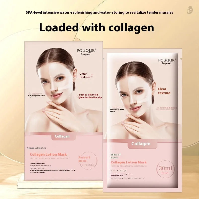 Water-sensitive collagen lotion facial mask box with 30ml sachets and 3 sheet masks for ladies