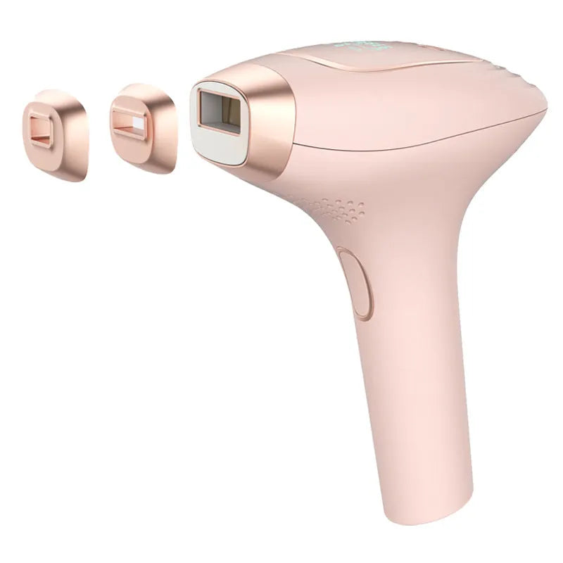 Pink and white three-in-one ice-sensing laser hair removal device with shaver attachment and protective glasses