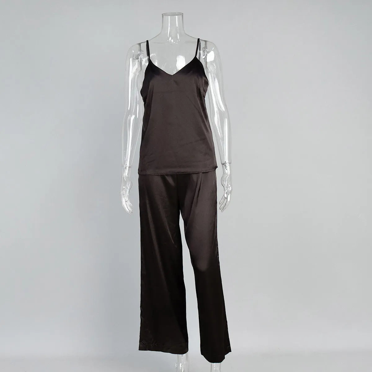 Suspender trousers pajama set in navy blue polyester with adjustable straps on the trouser waist