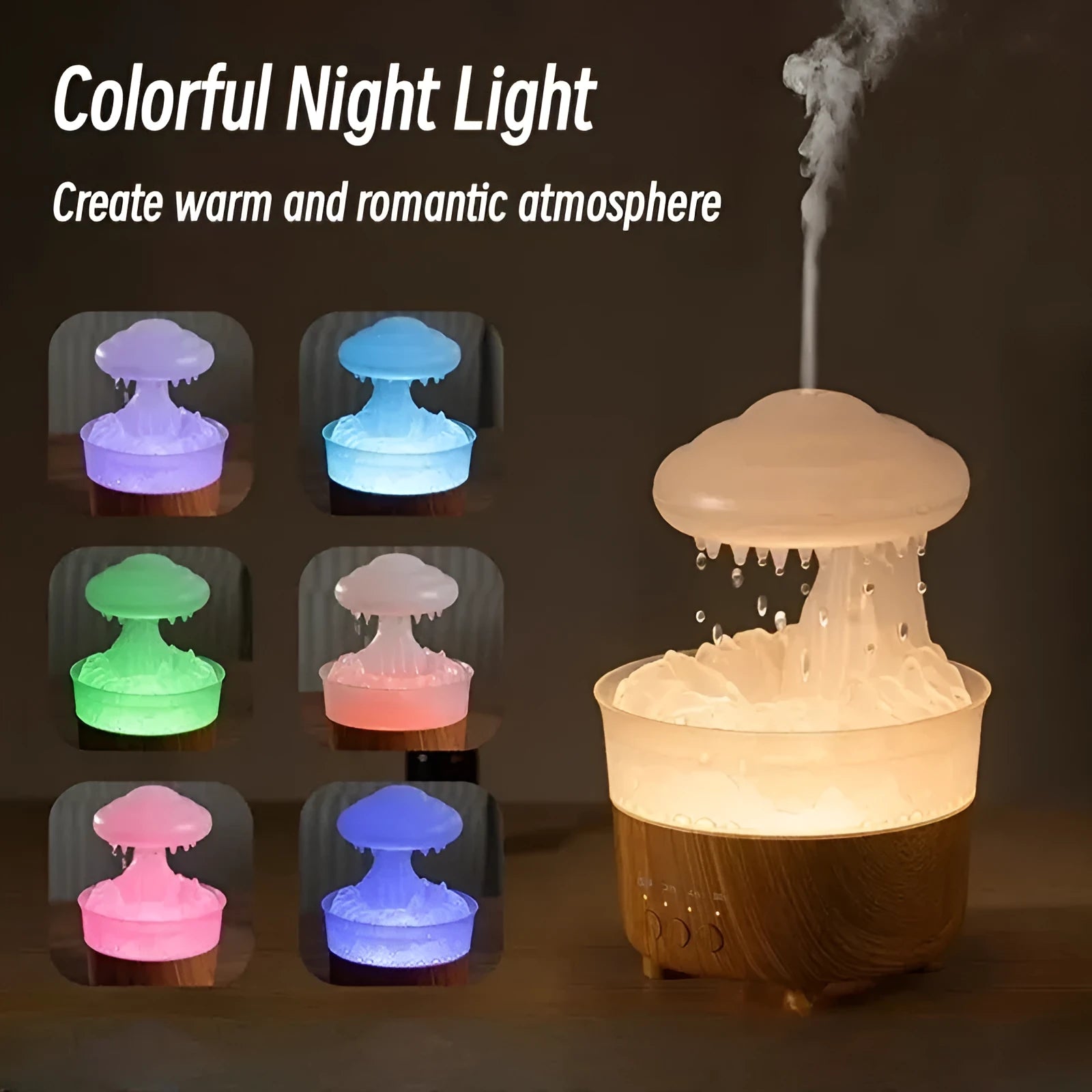 Wood grain white cloud-shaped humidifier diffuser with glowing LED lights and water droplets.