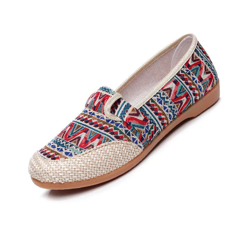 Women's flat heel cloth shoes with shallow mouth, colour stitching, and ethnic style in 6036 red colour