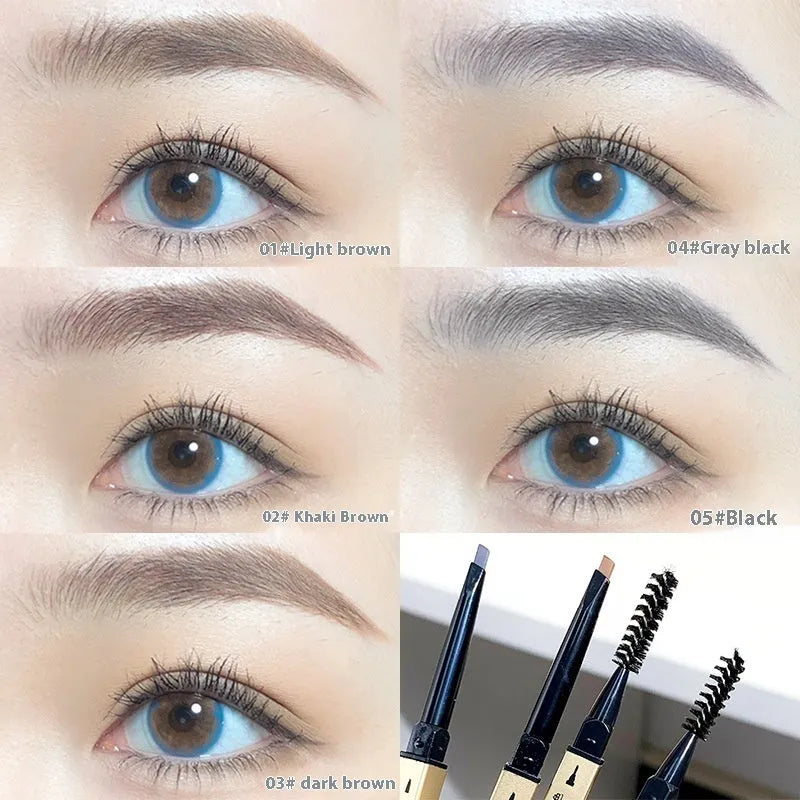 Small gold chopstick design ultra-fine eyebrow pencil shown in five colour shades.