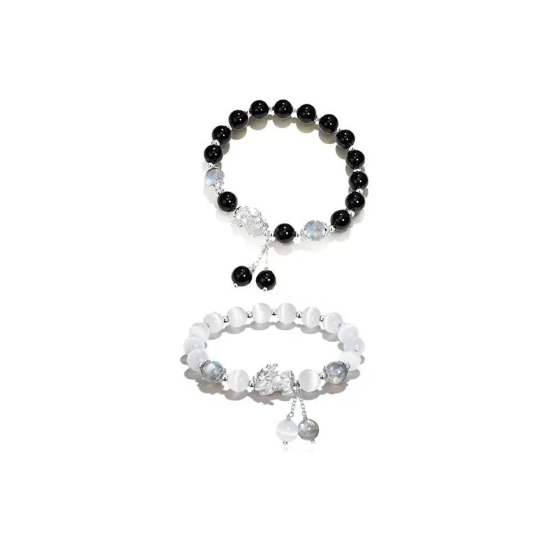 Handmade natural black agate couple bracelet with 10mm wave-shaped beads and gray moonlight stones