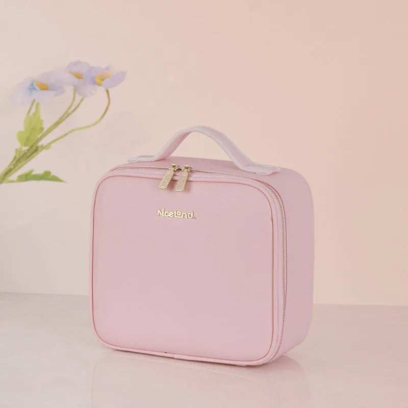 Large-capacity polyurethane leather cosmetics storage bag with LED lamp ring and mirror, 26x23x11cm