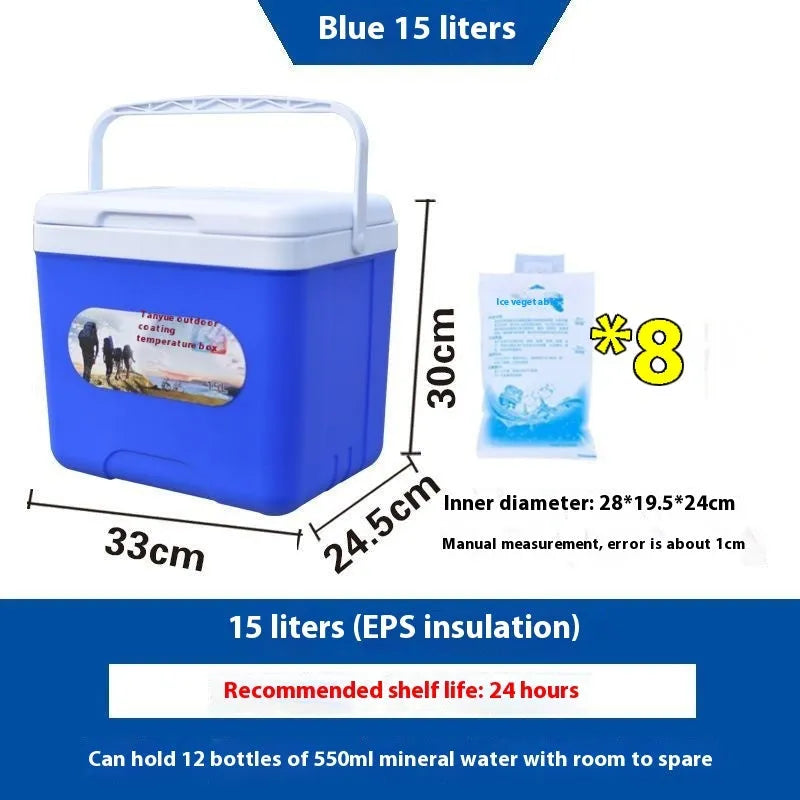 Blue portable insulated cool box with aluminium foil interior, shown with lid open.