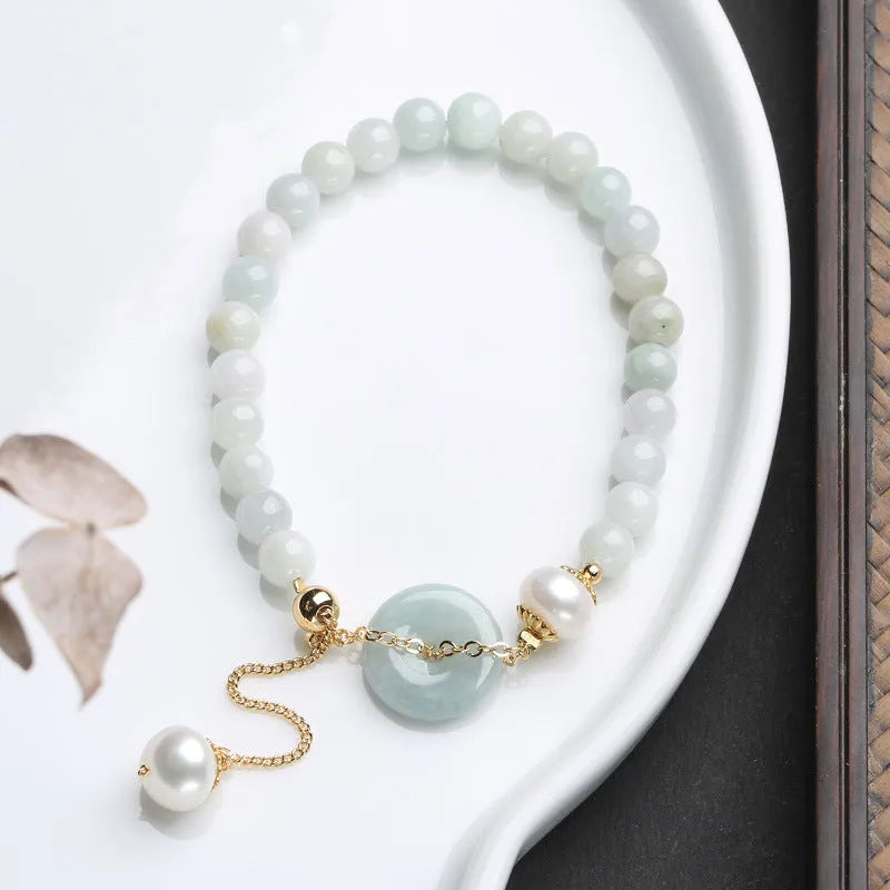 Natural jade pearl bracelet for women with emerald peace buckle and geometric pendant