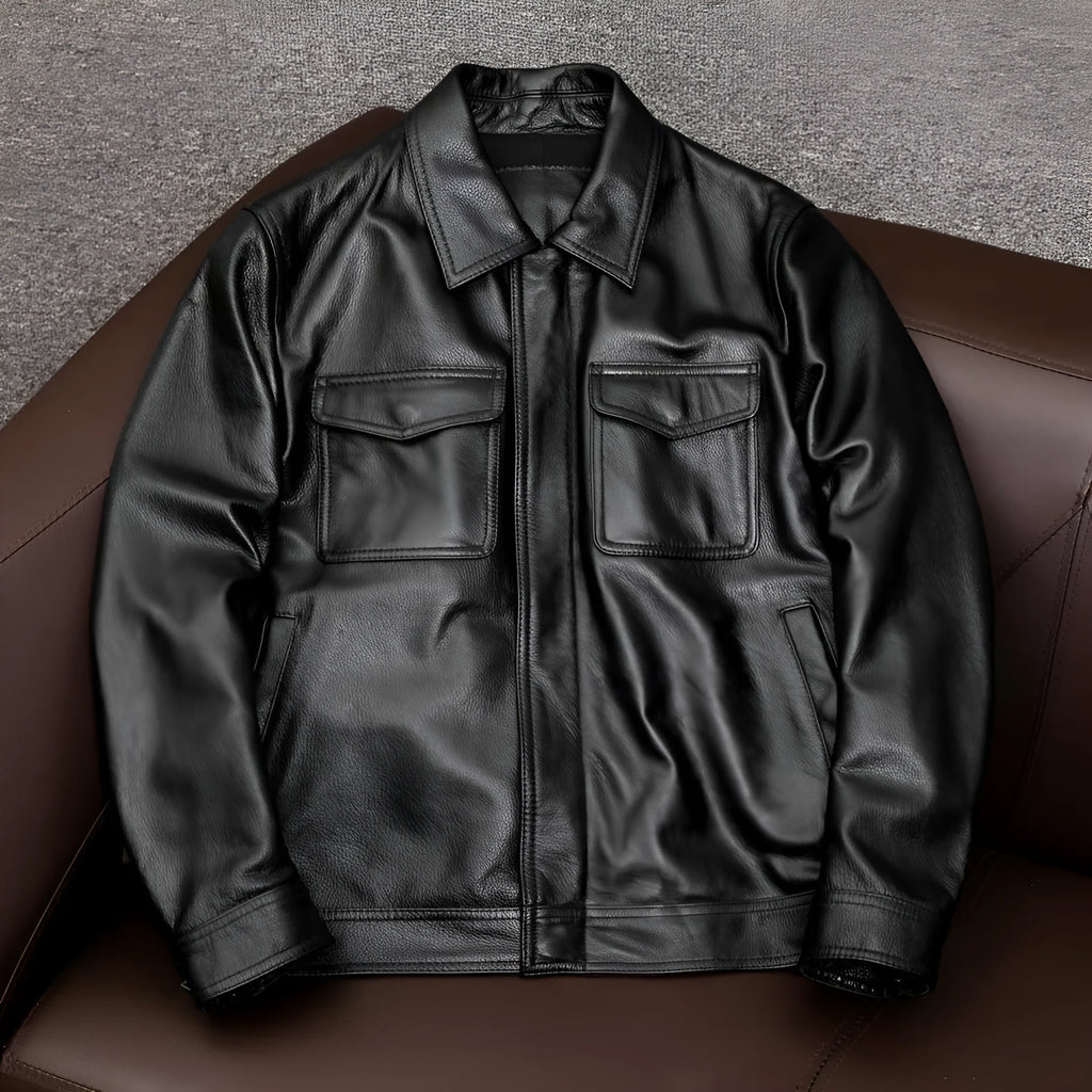 Men's lapel short leather jacket in black or brown with side seam pockets