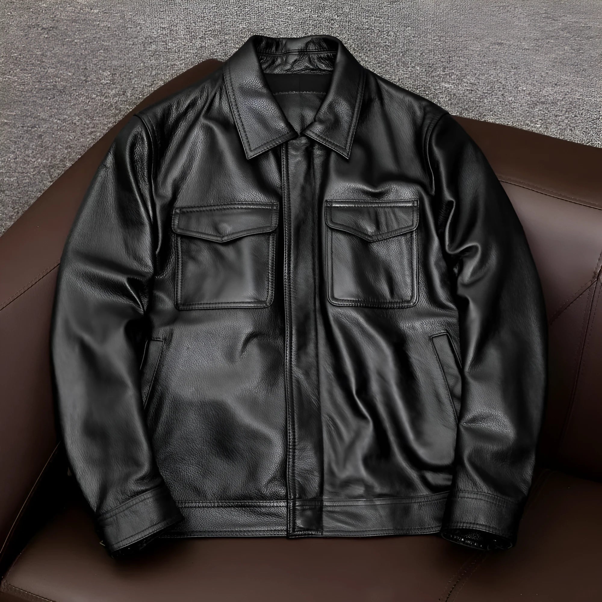 Men's lapel short leather jacket in black or brown with side seam pockets