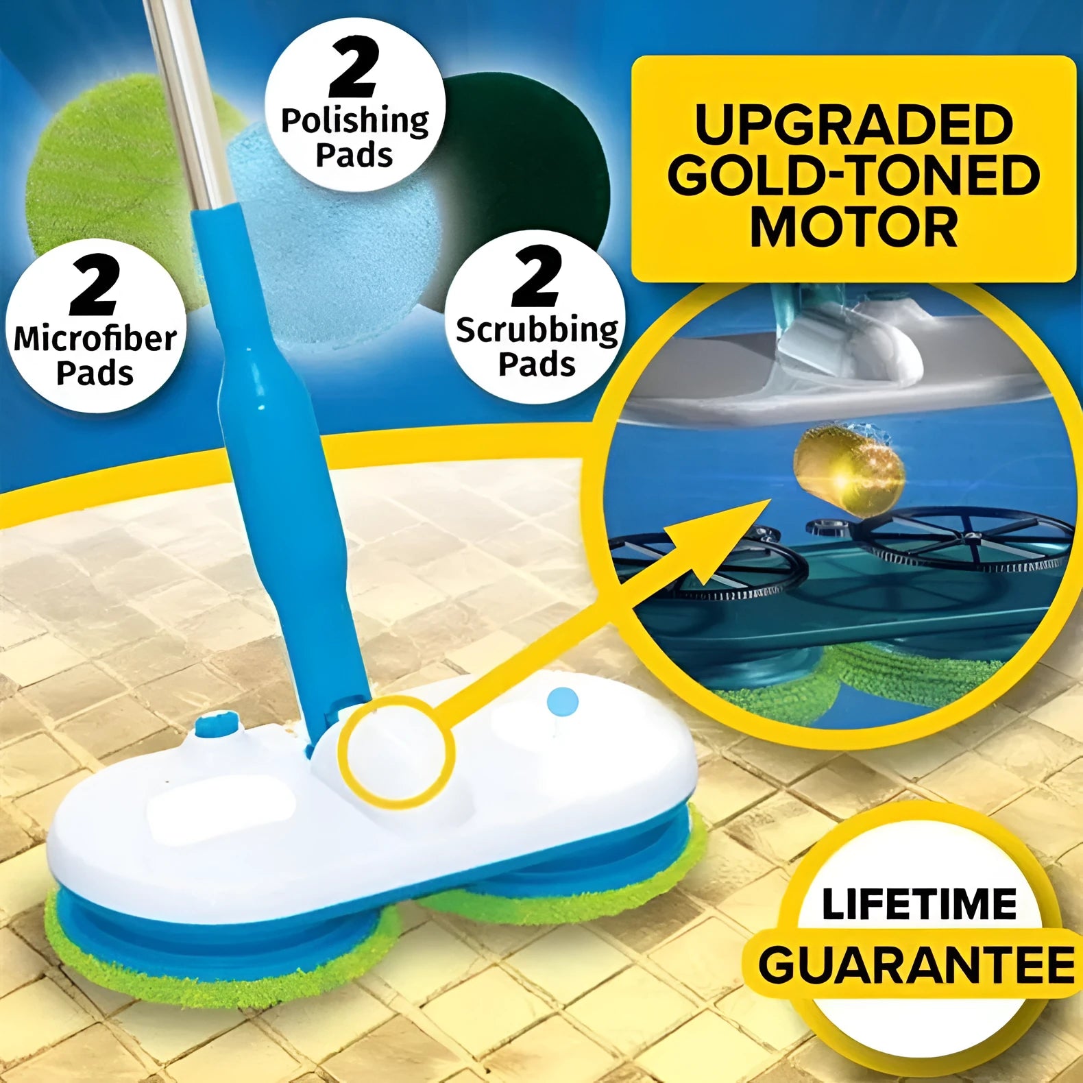 Handheld cordless electric floor cleaning mop with USB charging port and blue microfiber cloth attached.