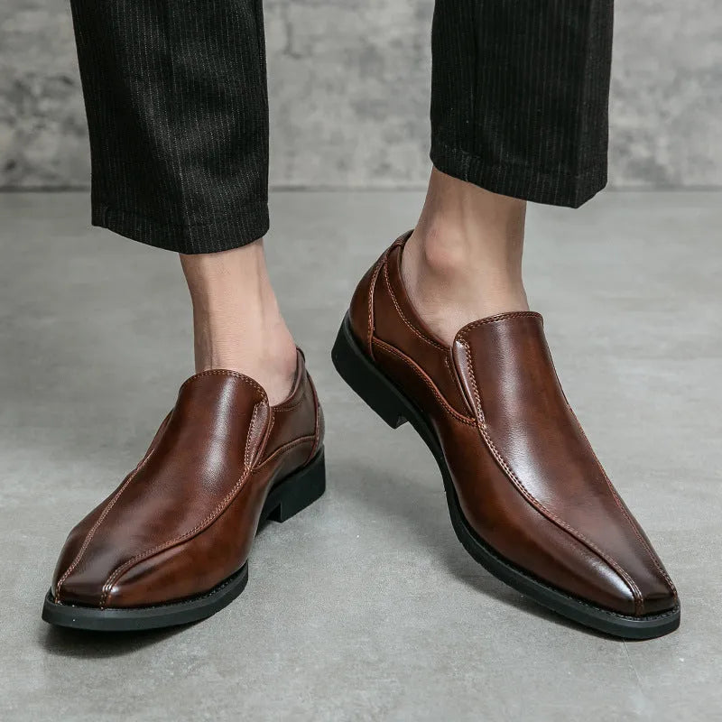 Men's black patent leather style pointed toe casual shoes with flat rubber sole