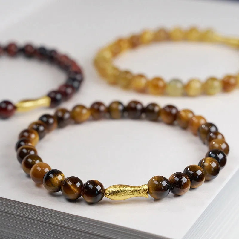 Tigereye small fish pendant handmade beaded bracelet with natural stone beads in 6mm size