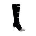 Grey and black women's knee high boots with a thin high heel on a rubber sole.