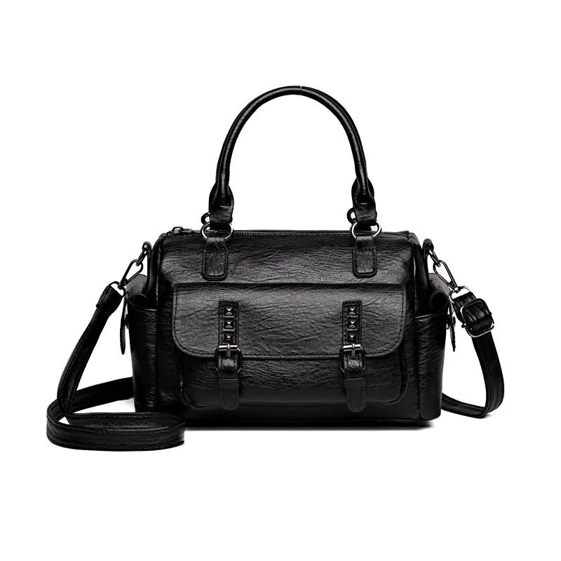 Vintage-style large capacity messenger bag in PU leather, showing contrast stitching and a horizontal square shape.