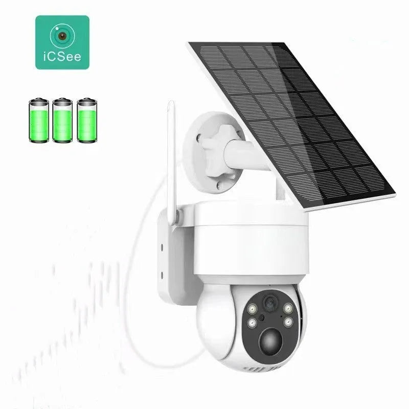 Outdoor wireless Wi-Fi surveillance camera with solar panel, 3.6mm lens, motion detection, available in black or white