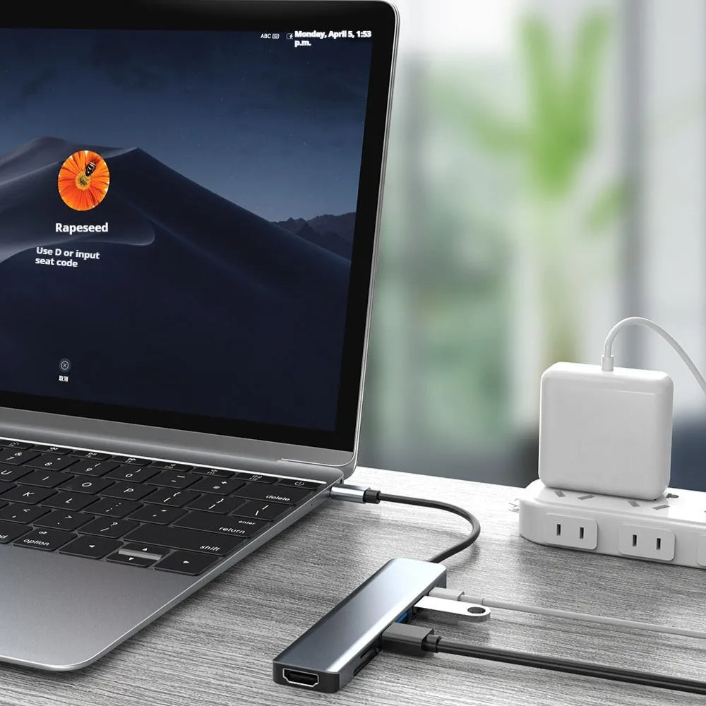 USB type-c expander docking station with seven ports including HDMI and USB 3.0 on 14.5cm cable