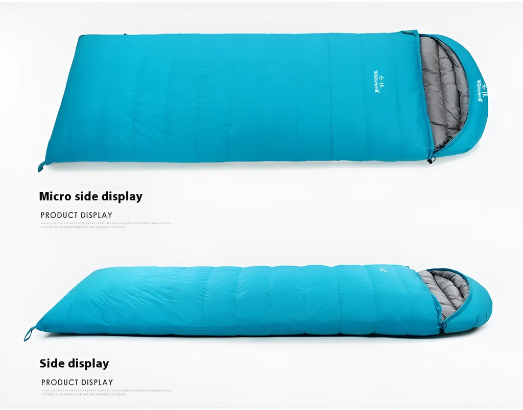 Black outdoor sleeping bag with goose down insulation and tear-resistant nylon fabric