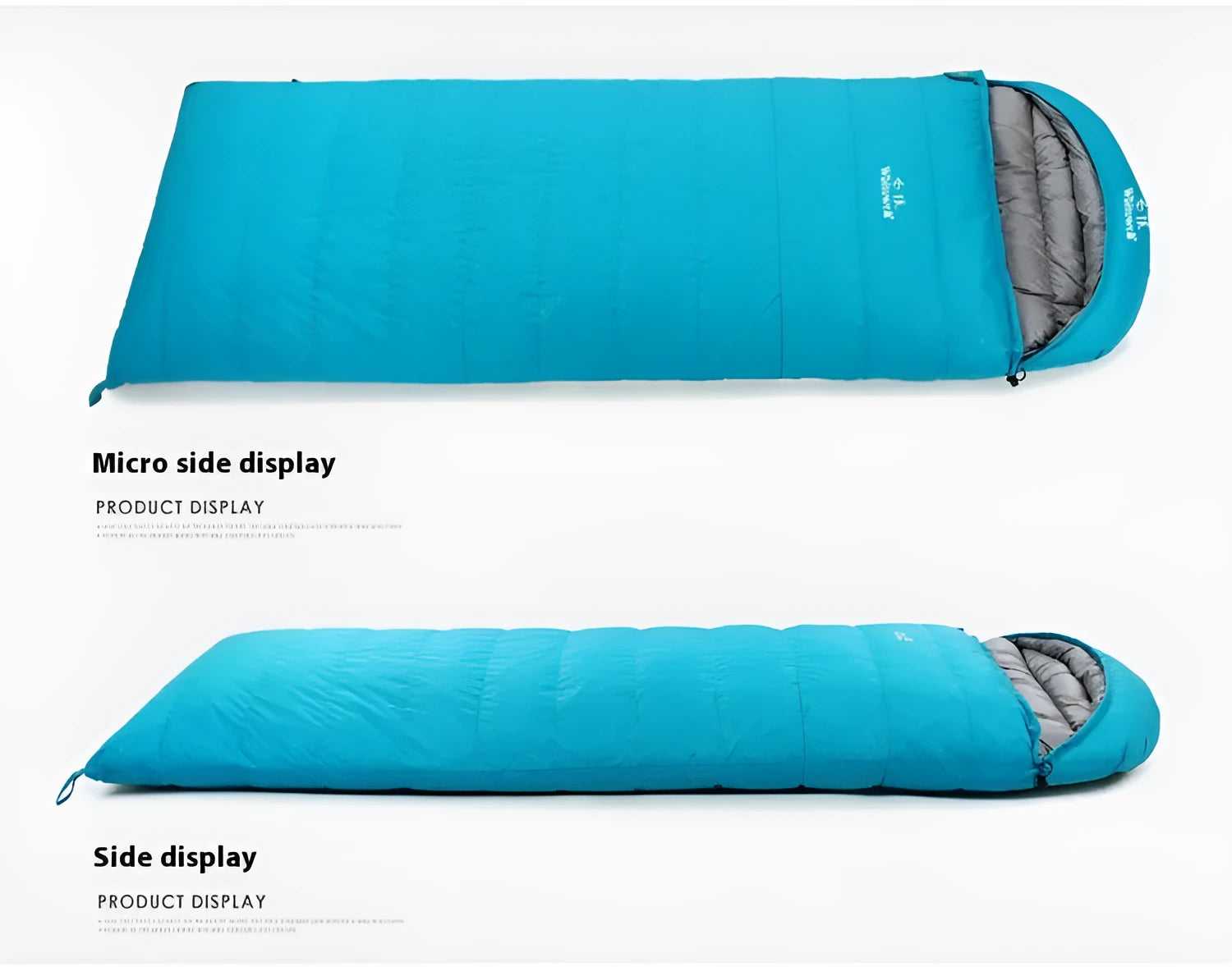 Black outdoor sleeping bag with goose down insulation and tear-resistant nylon fabric for camping.